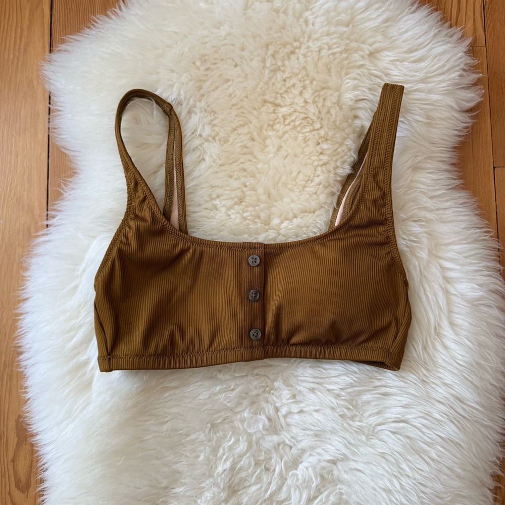 Madewell Ribbed Button-Front Swim Top in Camel Brown